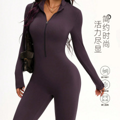 外贸连体瑜伽服女露背无胸垫运动健身服高级纯色紧身普拉提瑜伽服