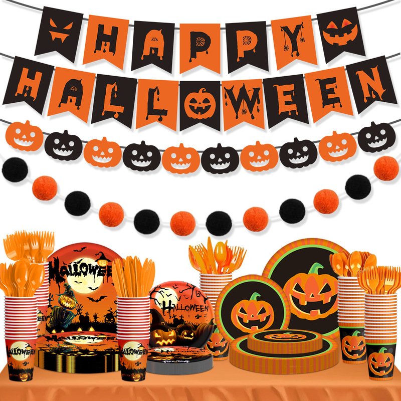 Cross-Border Halloween Ghost Festival Party Decoration Plate Flag Honeycomb Ball Scarecrow Pumpkin Paper Cup Plate Wholesale Customization