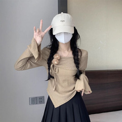 辣妹一字肩长袖T恤女春秋内搭不规则立体花朵小衫喇叭袖打底上衣