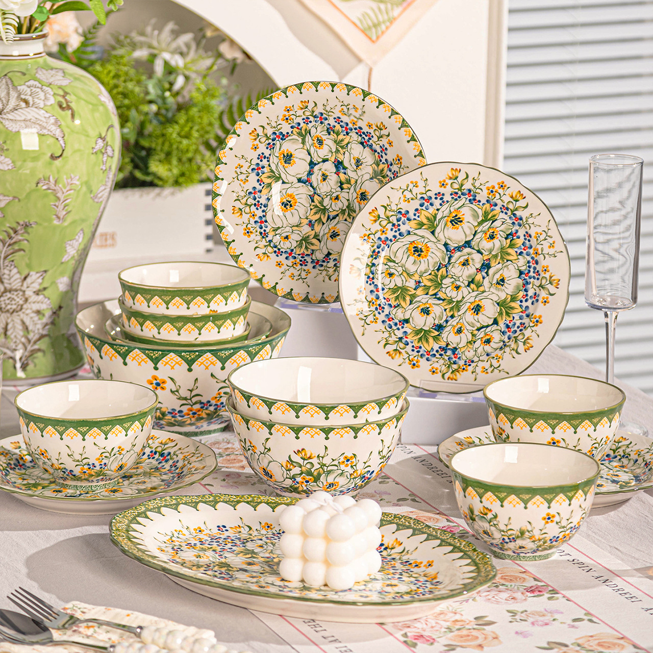 Polaco jazmín set de platos de cerámica platos caseros set de platos de cerámica fresca crema palillos platos