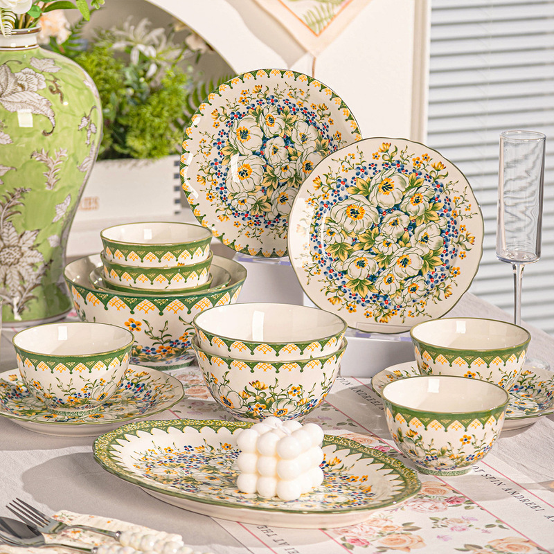 Polish Jasmine Ceramic Bowl and Plate Set for Home Use, Fresh Cream-Colored Ceramic Bowl, Chopsticks, and Dish Set