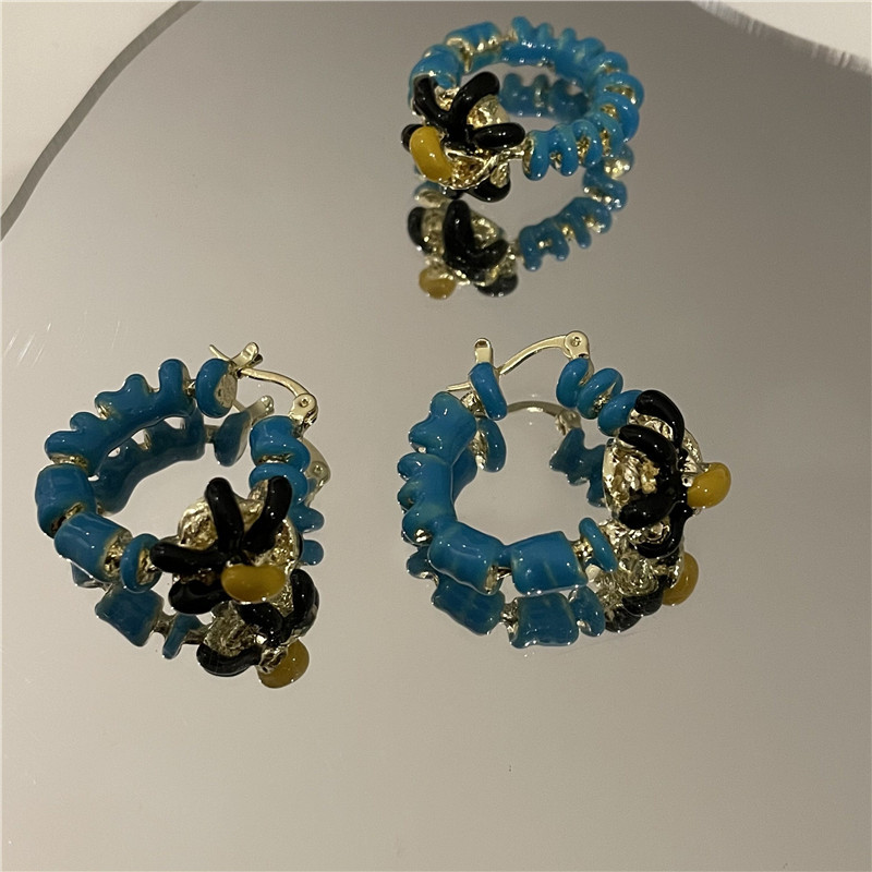 Wholesale Jewelry Retro Color Drip Glaze Flower Ring Earrings Set Nihaojewelry display picture 10