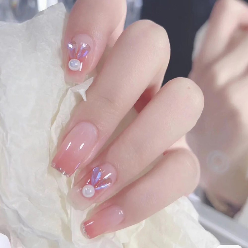 Polvo desnudo gradiente dorado brillante manicure perla francesa orejas de conejo para usar un parche de uñas 24 piezas de parche de uñas falsas