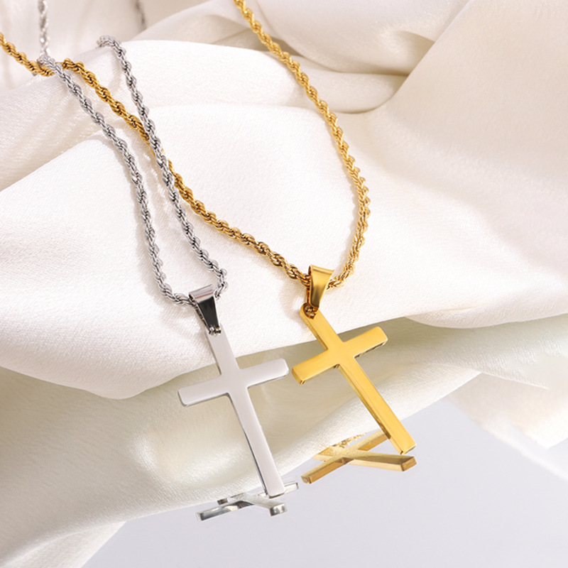 Titanium stalen kruis ketting voor heren met gedraaide schakel_voghion.com