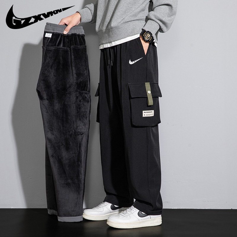 Men's Cargo Pants Autumn and Winter Loose Straight Large Size Plus Size Extra Large Pockets Autumn Casual Fleece-Lined