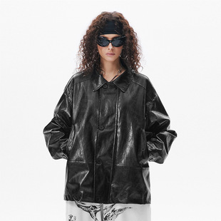 Pu Leather Lapel Jacket for Men and Women, Trendy Brand Punk Retro Motorcycle Leather Jacket, Pure Color Loose Pilot Autumn and Winter