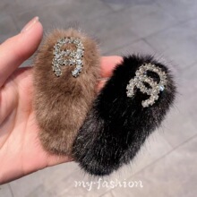 韩国秋冬季超仙甜美水钻毛绒水滴发夹黑色卡其侧边BB夹发饰品