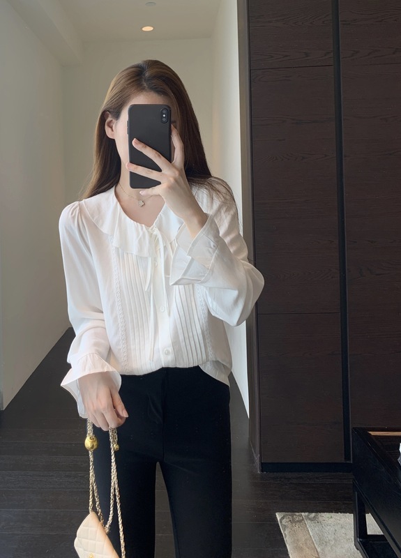 法式优雅 甜美少女荷叶领小衫白月光白色上衣女秋冬新款602998|undefined
