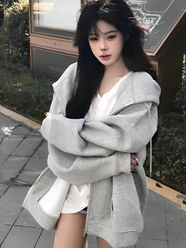 美式复古街头连帽卫衣女春秋oversize薄款外套chic慵懒开衫上衣|undefined