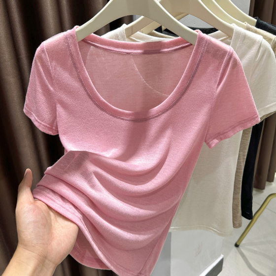 Shoulder Short-sleeved T-shirt Women's Large Round Neck Ice Silk Interior Summer Ultra-thin Pure Top Low Collar Tencel Base Shirt