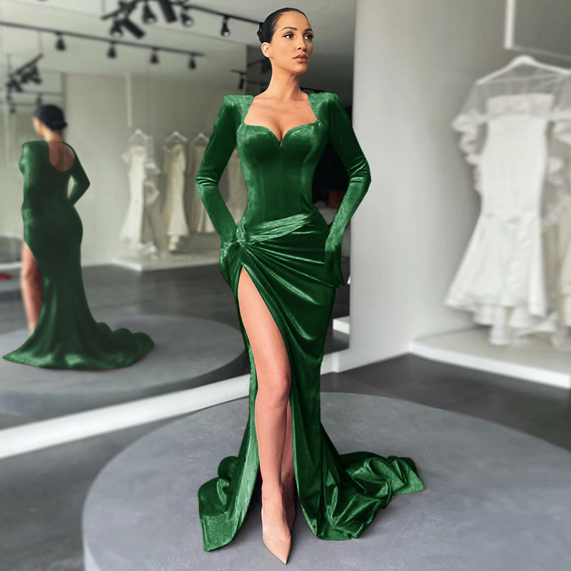 2021 ropa de mujer europea y americana otoño e invierno nuevo elegante Delgado sexy pecho guantes de cintura alta vestido de terciopelo coreano vestido