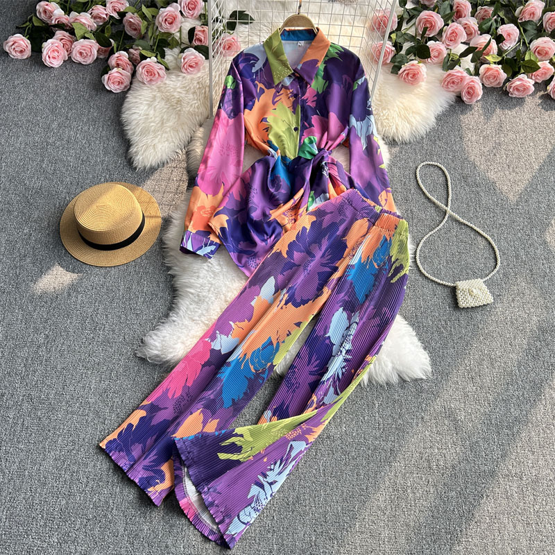 Women's Clothing Fashion suit women's casual loose long sleeved single breasted shirt two piece set high slimming tie dye printed wide leg pants_voghion.com