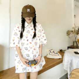 童趣卡通满印花polo领短袖衬衫女宽松减龄百搭上衣夏季新款衬衣