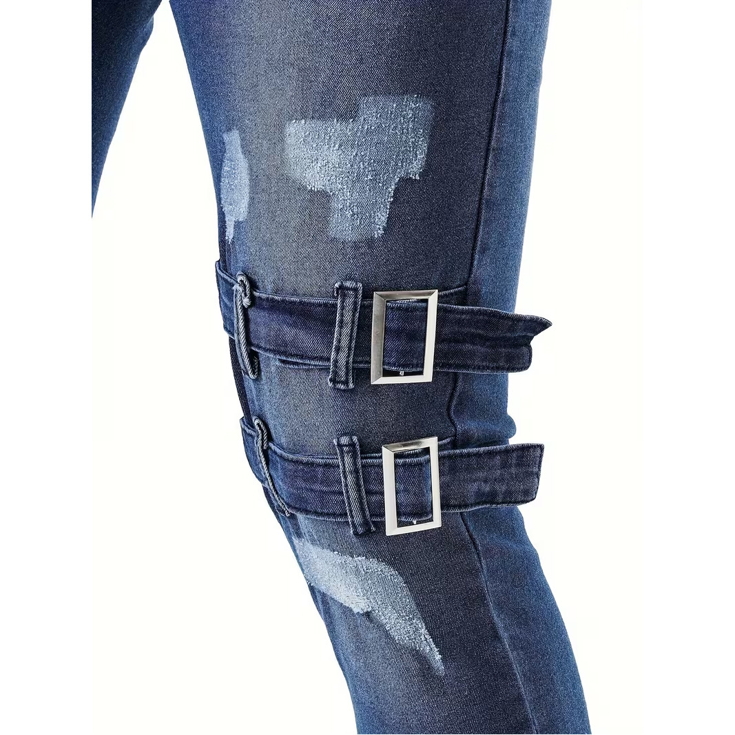 Jeans da uomo neri strappati e usurati, elasticizzati, vestibilità slim, casual, affusolati, vestibilità affusolata che valorizza la figura._voghion.com