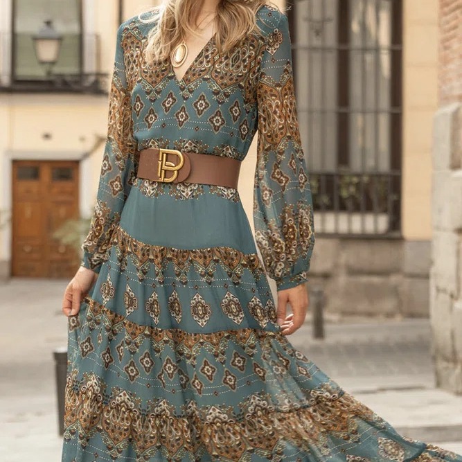 European and American Long-Sleeved V Neck Waist Slimming Look A-Line Baroque Printed Dress Elegant Long Skirt with Belt