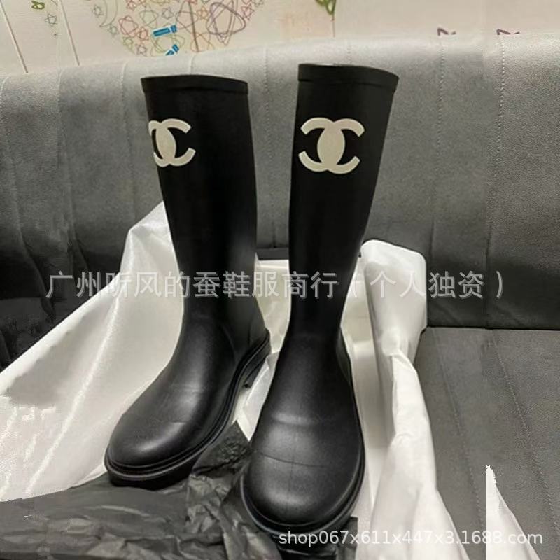 时尚小香风不过膝长靴女中长筒骑士靴厚底黑色高筒中古风橡胶雨靴|undefined