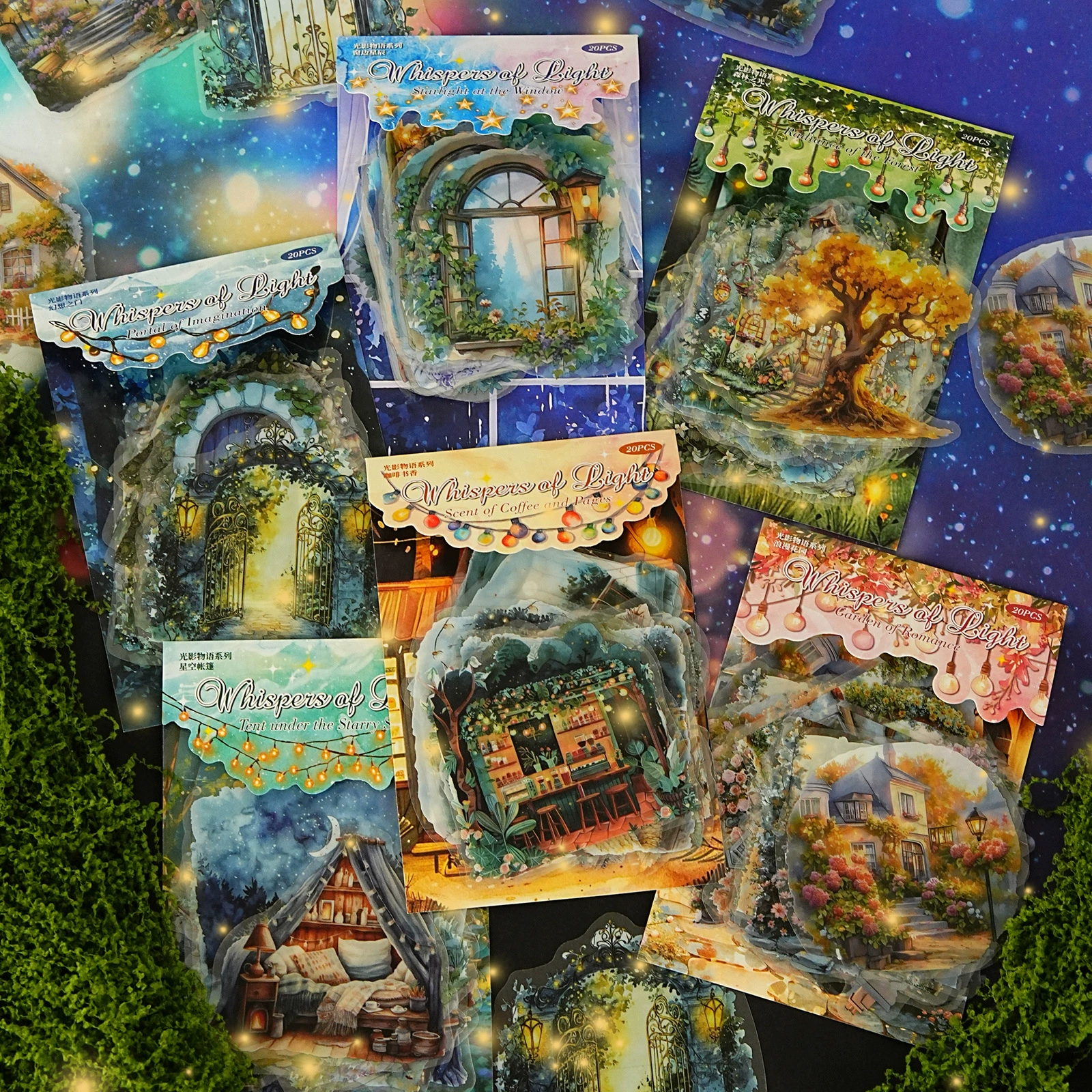 Наклейки Yiniao Material, серия «Сказка света и тени», тема «Освещение», для декора дневника, 20 листов, 6 стилей