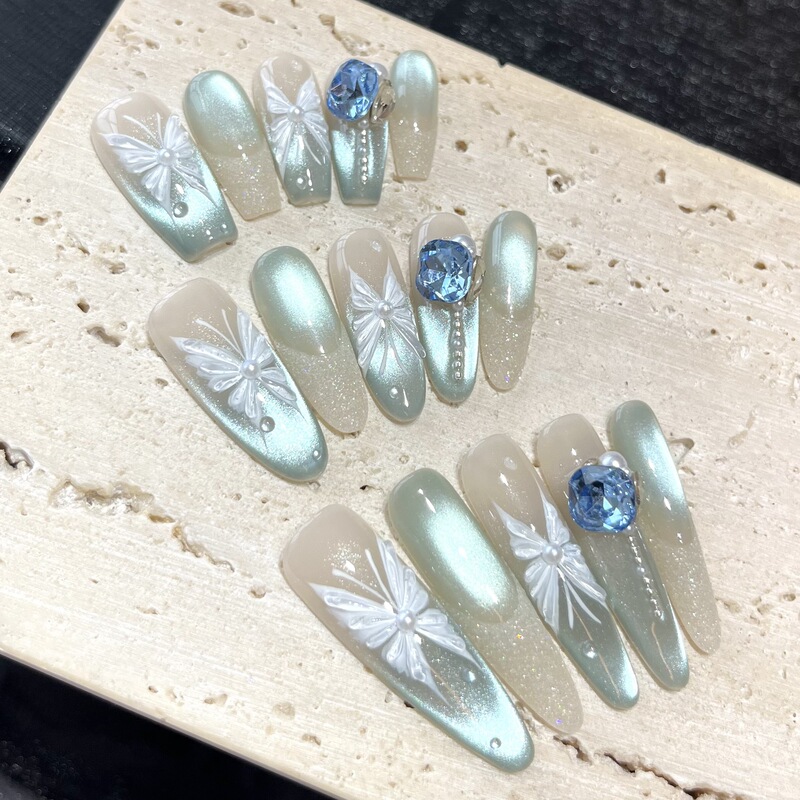 【雪岛藏诗】纯手工穿戴甲手绘立体蝴蝶冰蓝猫眼氛围感穿戴甲美甲|undefined