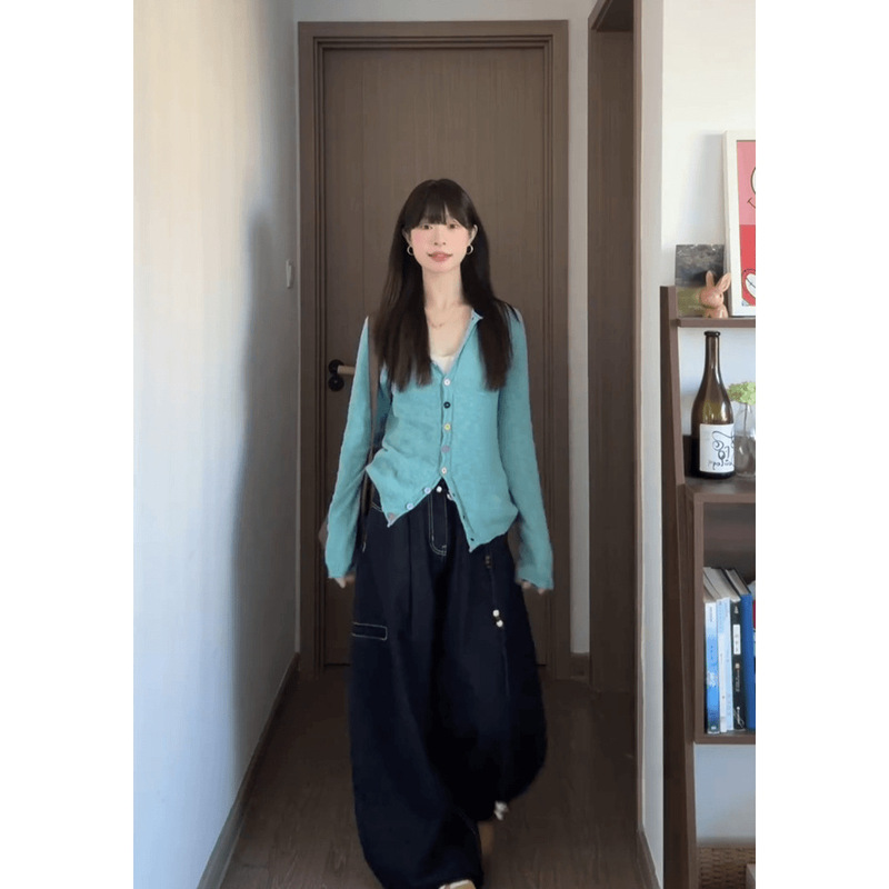 女生韩系ins衣服蓝色V领显白长袖针织衫上衣牛仔裤套装|undefined