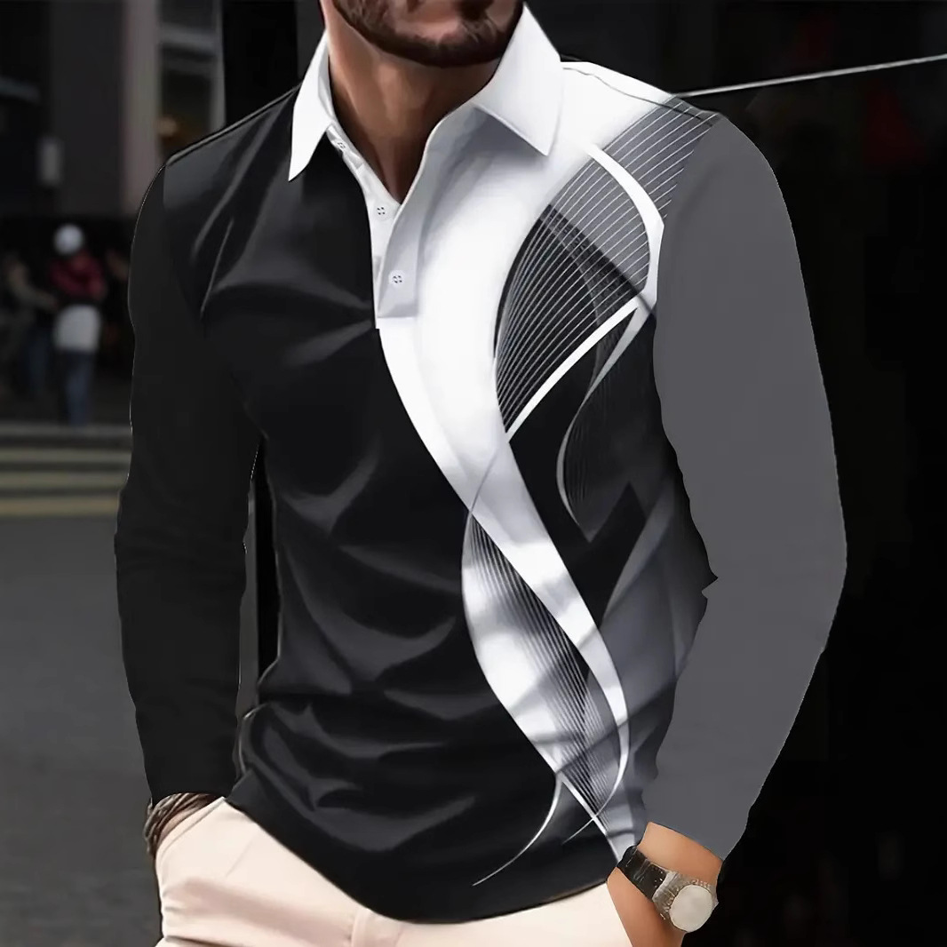 Primavera y verano estilo delgado diseño de alta calidad Volkswagen geométrico colorido manga larga solapa botón POLO camisa MB14