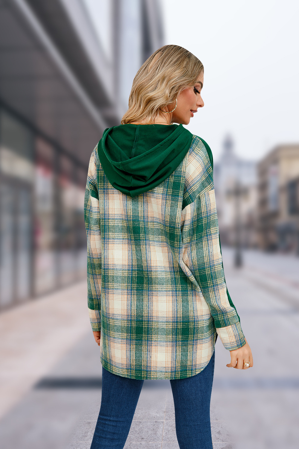 Sweats À Capuche Pour Femmes Manche Longue Vêtement De Rue Plaid Couleur Unie display picture 5