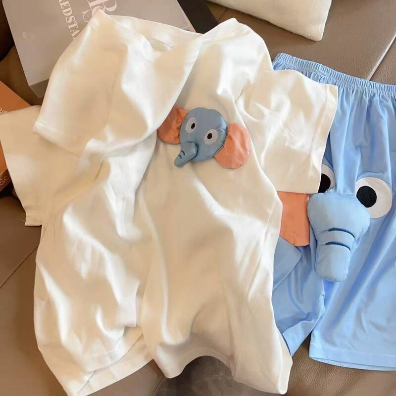 Summer Couple Short-sleeved Pajamas Cartoon Thin Men and Women Cute Funny Elephant Shorts Student Home Clothes suit