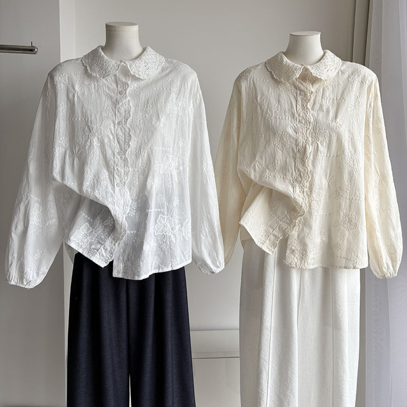 [Bizheng] 2026 Autumn New Korean Style Lace Doll Collar Embroidered Age-Reducing Loose Puff Sleeve Women's Shirt 7284