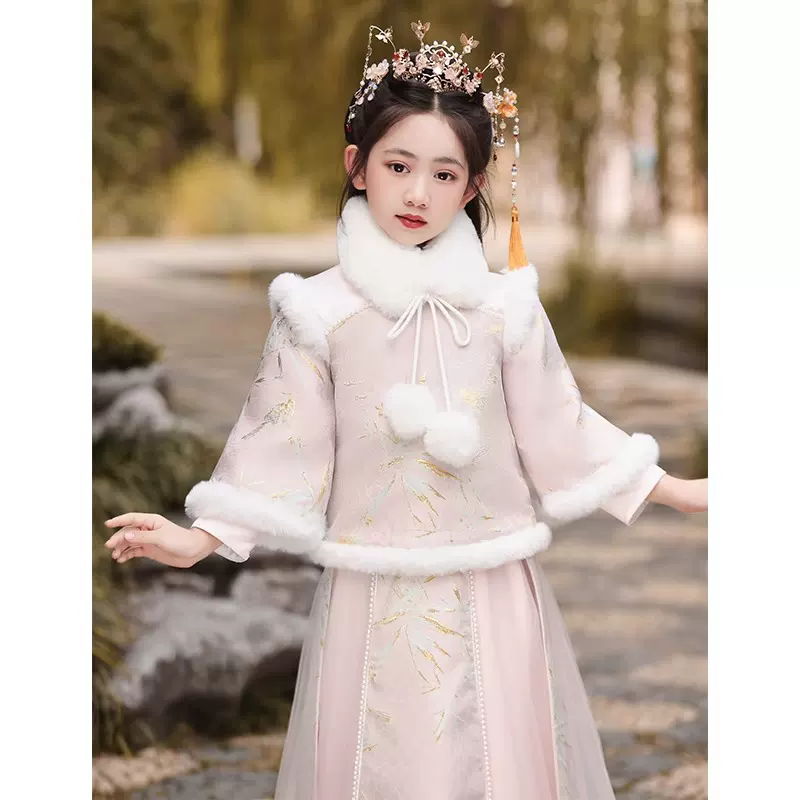 汉服女童秋冬加厚加绒拜年服小女孩古风唐装中国风儿童新年过年服