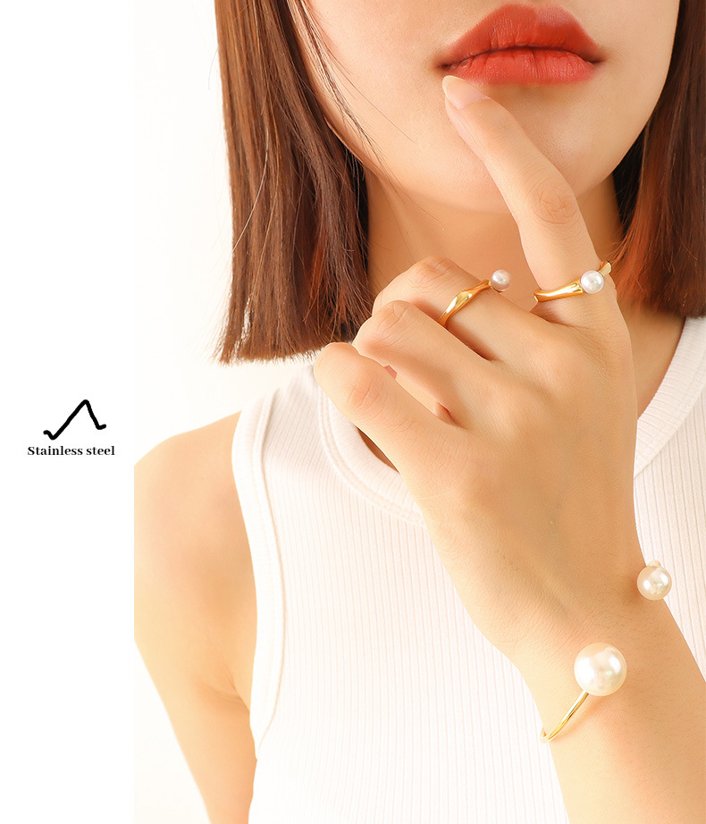 Fashion retro imitation pearl open ring titanium steel ring