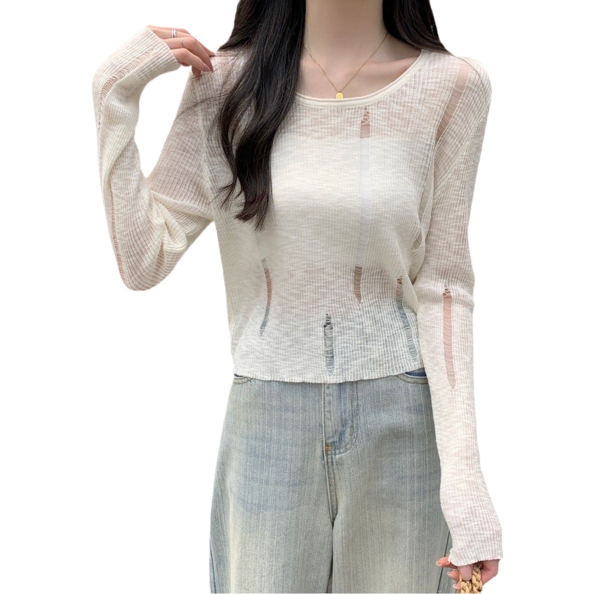 Delgado hueco de punto de manga larga Camiseta de verano de las mujeres corto aire acondicionado camisa estilo coreano nueva protección solar blusa superior image 1