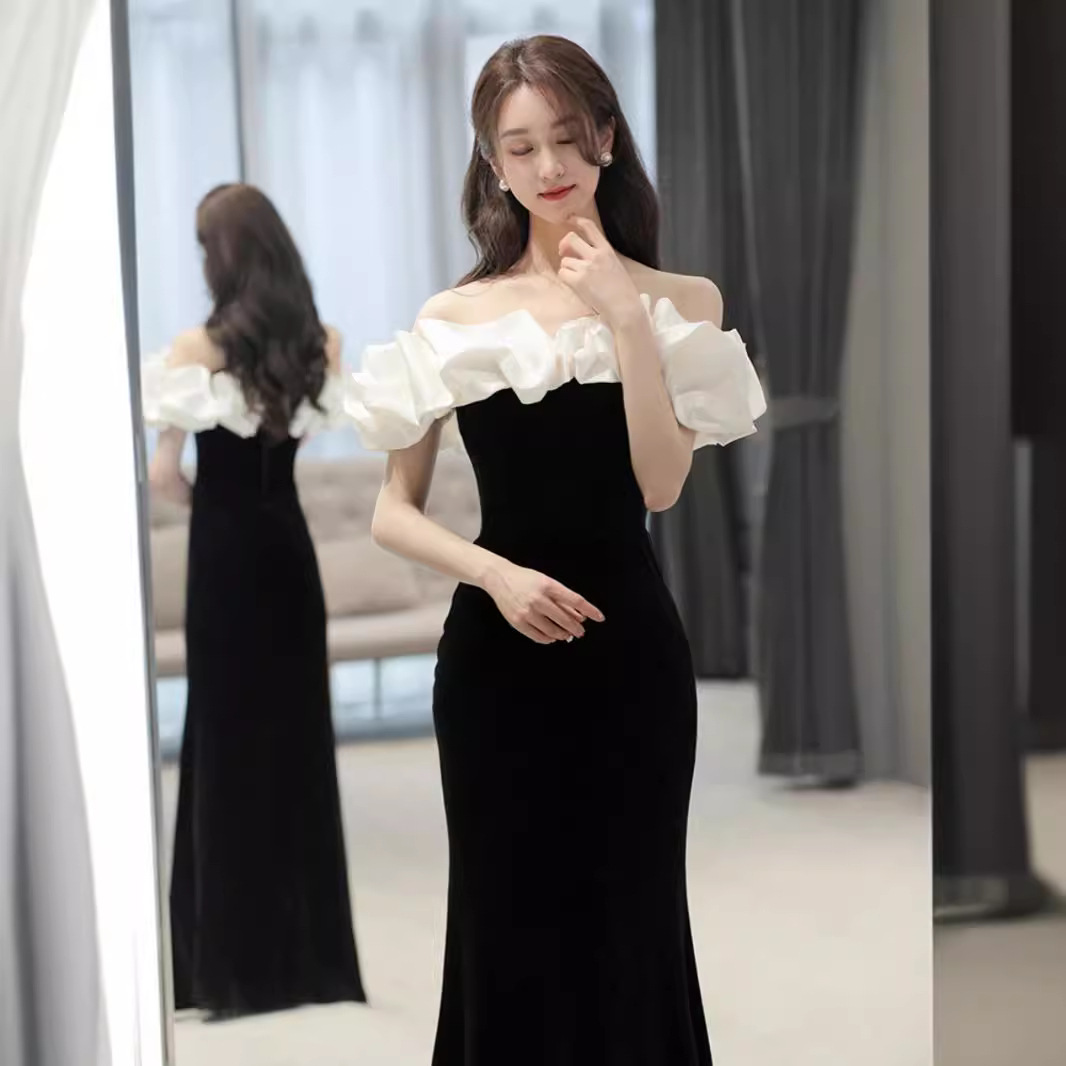 One-shoulder Evening Dress for Women, High-end Birthday Black Engagement Dress, Toast Dress, Bride's Fishtail French Annual Party