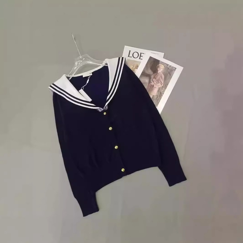 Shenzhen Nanyou Goods ~ Classy Women's Clothing Miu Miu Star's Same Style Navy Shawl V Neck Knitted Long-Sleeved Cardigan