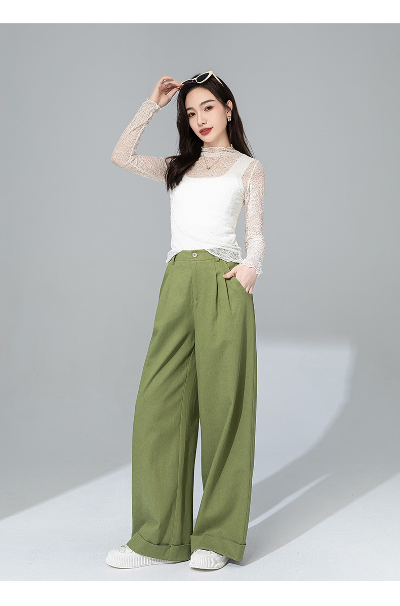 Quần tây nữ ống đứng cạp cao dáng suông dài chấm đất chất Tencel cotton — Xanh bơ chi tiết 24