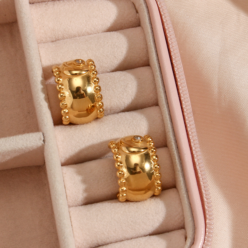 Fashion Geometric Retro 18K Gold Moon Zircon Thick Stainless Steel Earrings
