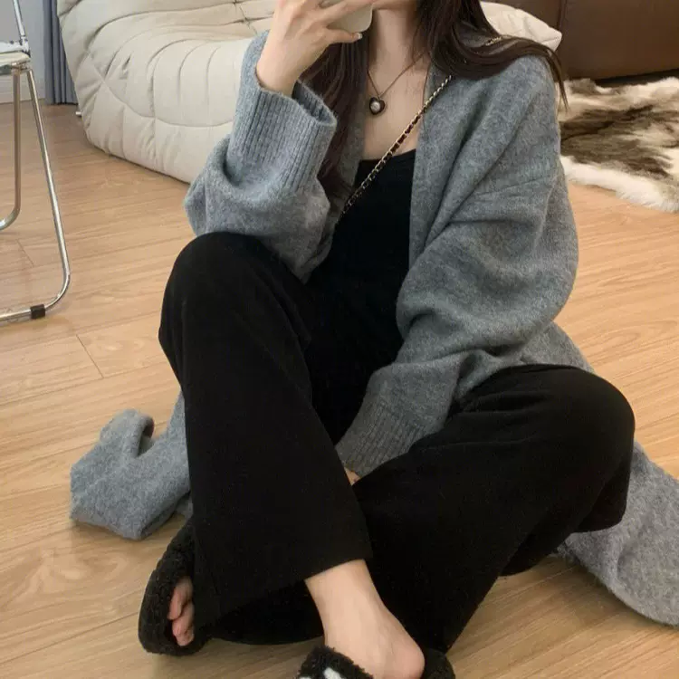 跨境慵懒风软糯中长款针织开衫女秋冬高级感过膝毛衣外套轻奢大衣