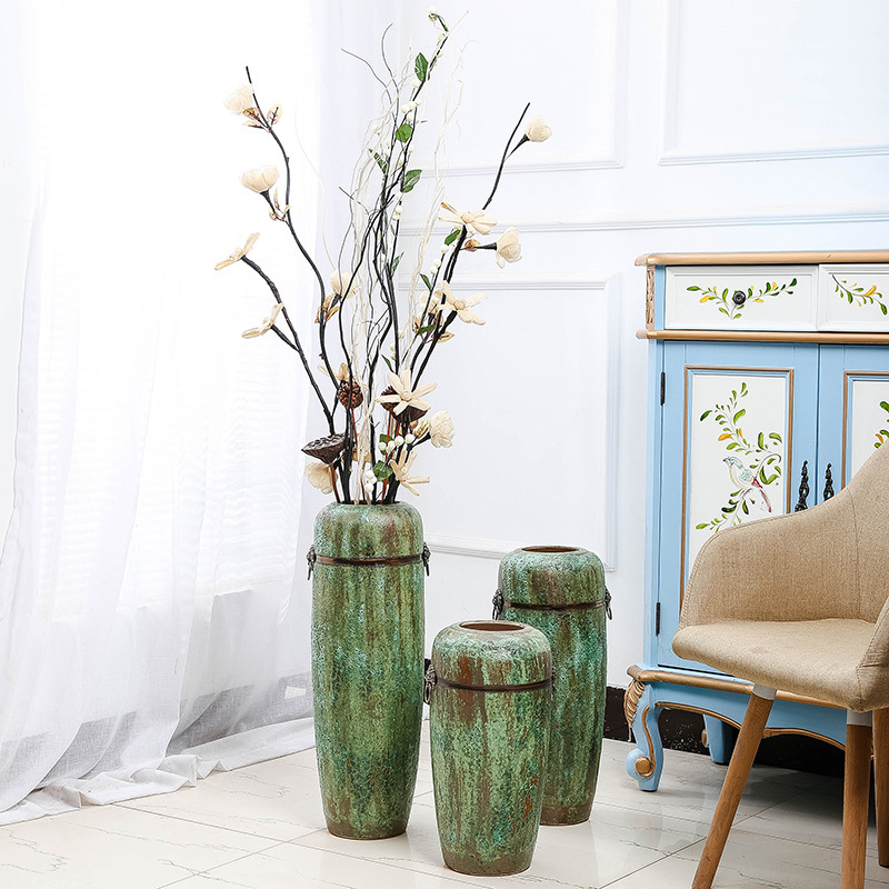 Jingdezhen Handmade Floor Flower Bronze Porcelain Vase Modern Pottery Bubble Glaze with Metal Accessories