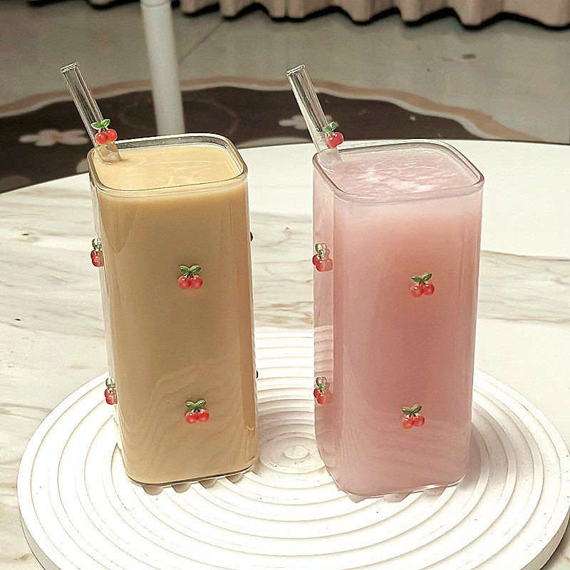 Glass Mug With Cherry Pattern For Cold Coffee And Juice_voghion.com