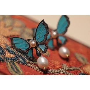 Antique Accessories Dotchui Rainwater Bamboo Leaves Butterfly Pearl Earrings Vintage Old Cloisonne Fashion Earrings Versatile