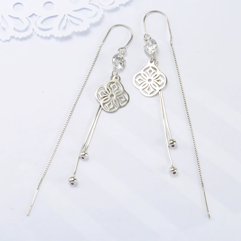 Long earrings with tassels, silver 925 sample, four-leaf clover, simple and elegant design