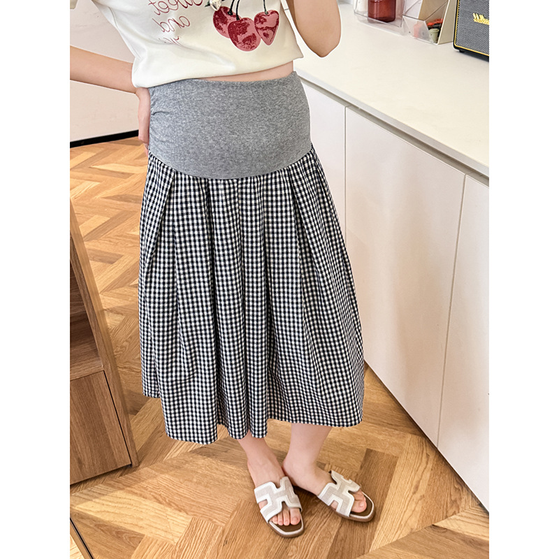 Pregnant Women's Summer Pure Cotton Work Clothing Korean-Style Simple and Comfortable Casual Mid-Length Plaid A-Line Skirt with Lining