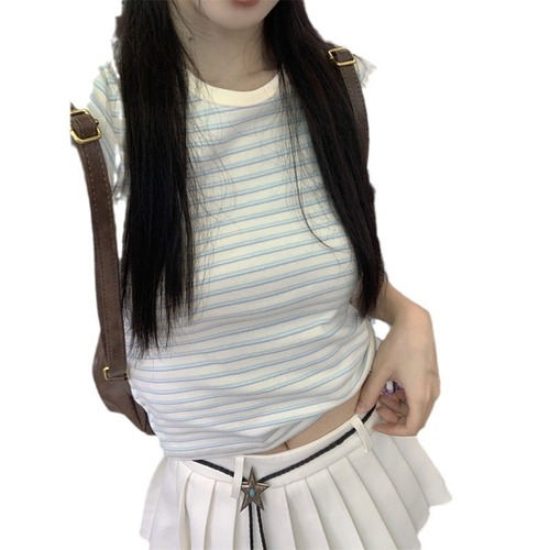 Retro Striped Short-Sleeve T-Shirt for Women 2024 Summer Hot Babe Slim-Fit Transparent Base Shirt Versatile Student Short Top