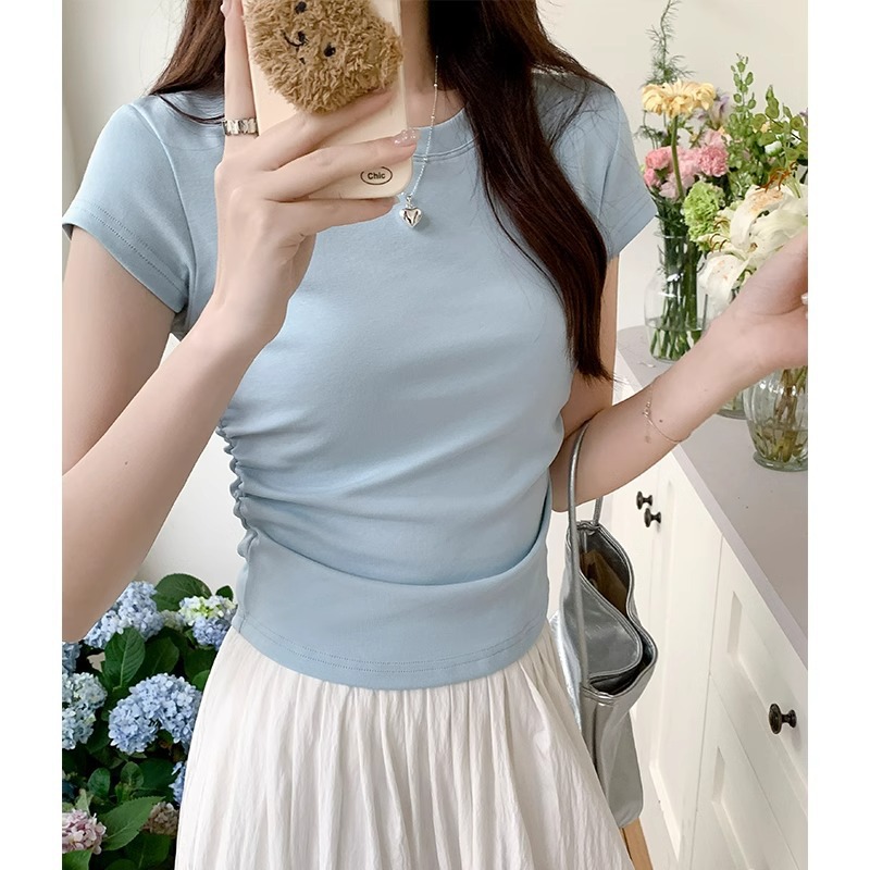 Wushi good * women's clothing series summer new dopamine light blue round neck shoulder short flying sleeve T-shirt pleated