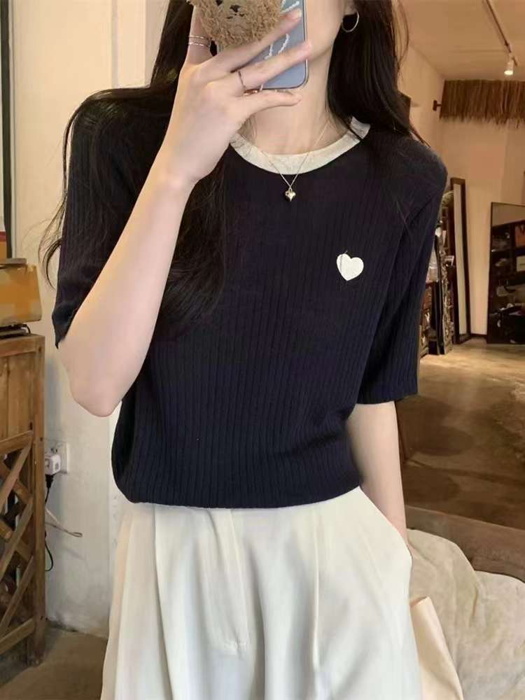 Korean Style Contrasting Color Design Round Neck T-Shirt Summer 2024 New Versatile Pit Strip Heart Knitted Short-Sleeved Women's Top