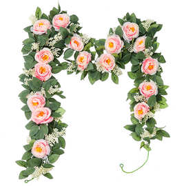 跨境高档带果牡丹藤条 婚庆装饰壁挂假花加密玫瑰叶仿真茶花花藤