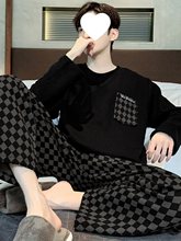 新款睡衣男士长袖纯棉春秋季格子青少年家居服大码宽松套装