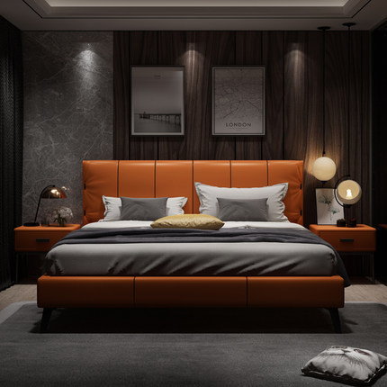 Italian Light Luxury Minimalist Bed Modern Simple Nordic Small Apartment Master Bedroom Wedding Bedside Layer Cowhide Double Bed Bedroom
