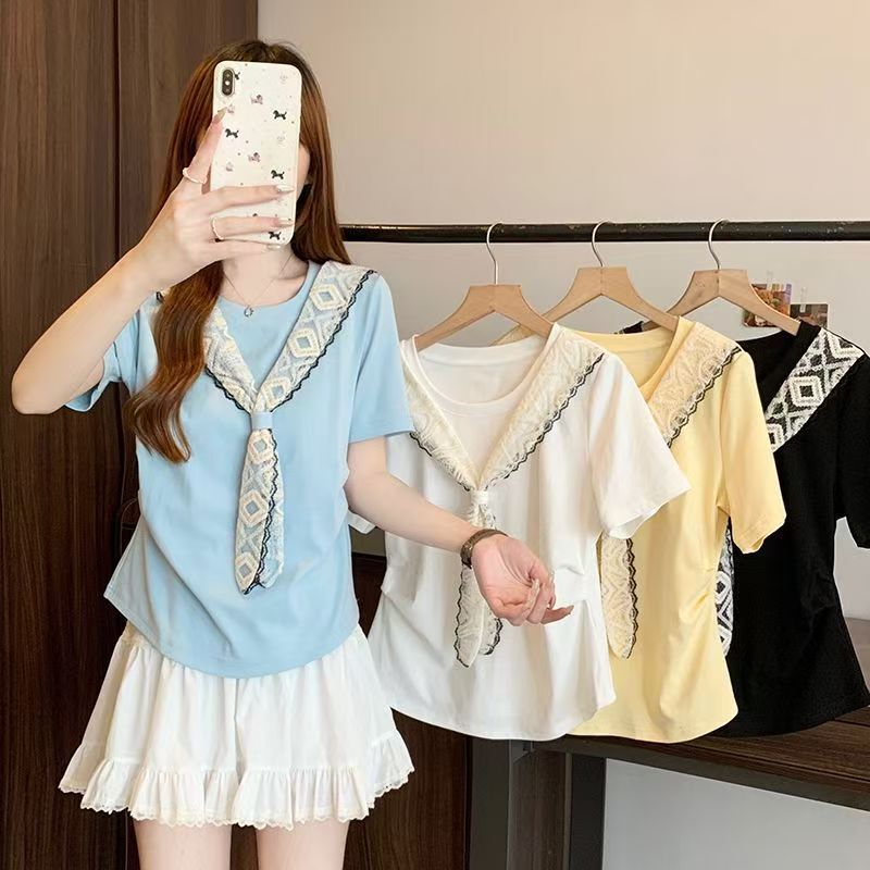 Plus-Size Lace Shawl Short-Sleeve Summer New Style Loose Slimming Stylish Top for Plus-Size Women T-Shirt