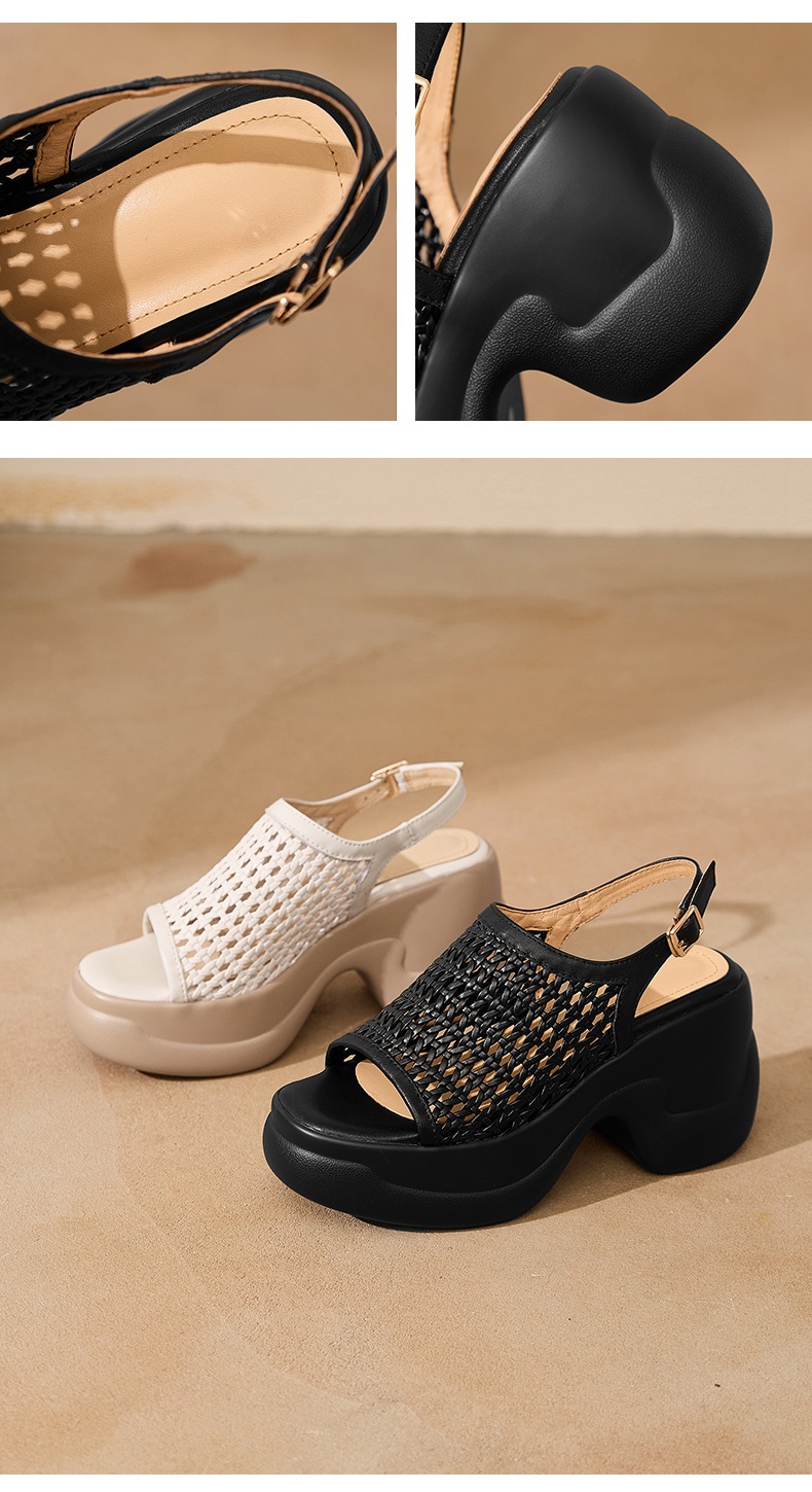 Sandal cao gót nữ mũi hở đế dày 8 cm kiểu dệt La Mã quai ngang — đen chi tiết 9