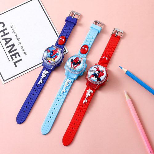 Rotating Children's Watch Anime Spider-Man Stress-Relief Flip Quartz Watch for Boys and Girls Literacy Pointer Watch