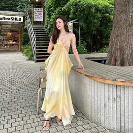 法式仙女气质海边度假长裙垂坠感黄色晕染印花v领吊带连衣裙女夏